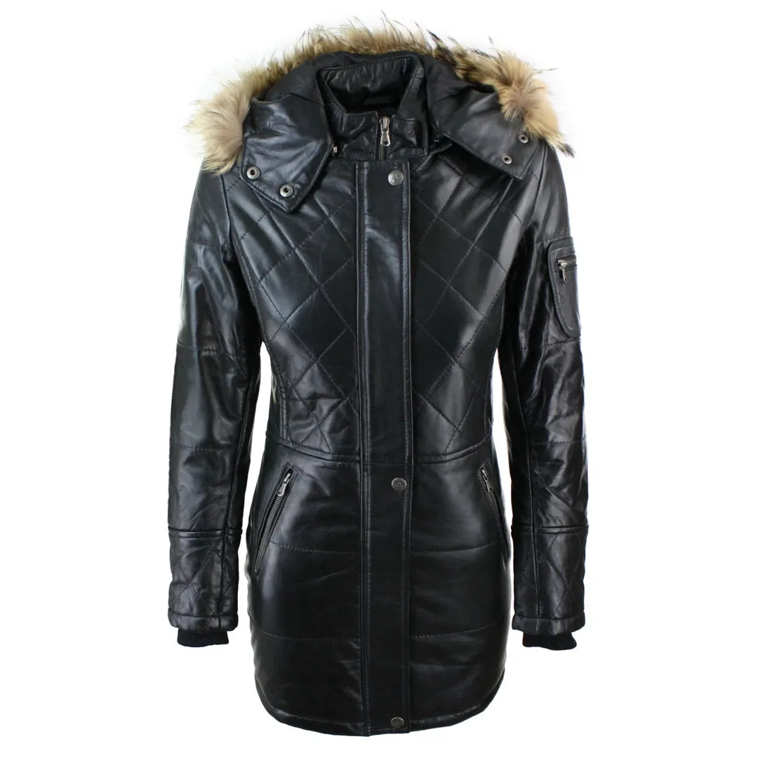 Women's Tan Brown Fur Hooded Parka Leather Jacket Winter Coat sold by Tru Clothing