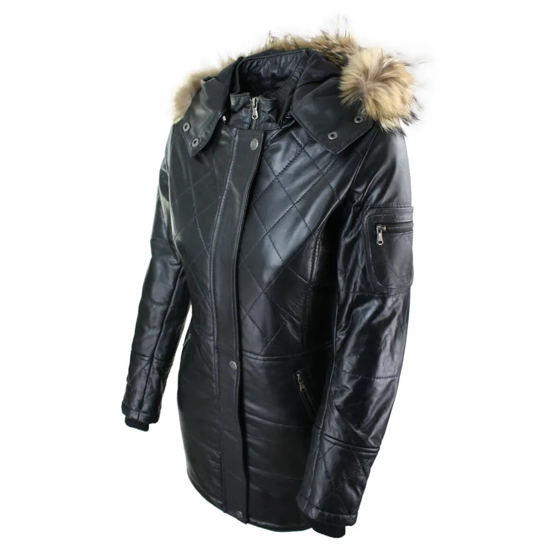Women's Tan Brown Fur Hooded Parka Leather Jacket Winter Coat sold by Tru Clothing product image thumbnail 2