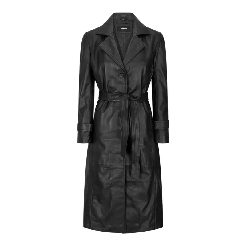 Womens Real Leather Trench Coat Mac Classic 3/4 Long Black 1980s Vintage Retro sold by Tru Clothing