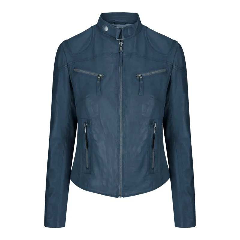 Women's Leather Fitted Biker Short Navy Jacket sold by Tru Clothing