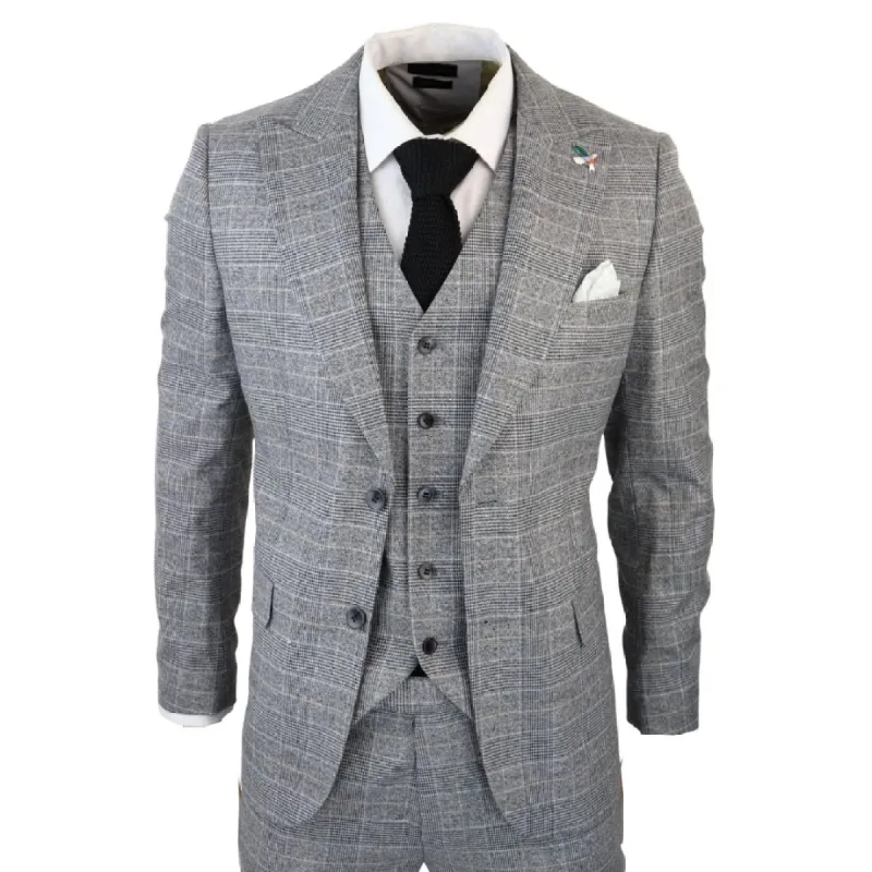 NBP12 - Men's Grey 3 Piece Prince Of Wales Check Suit sold by Tru Clothing
