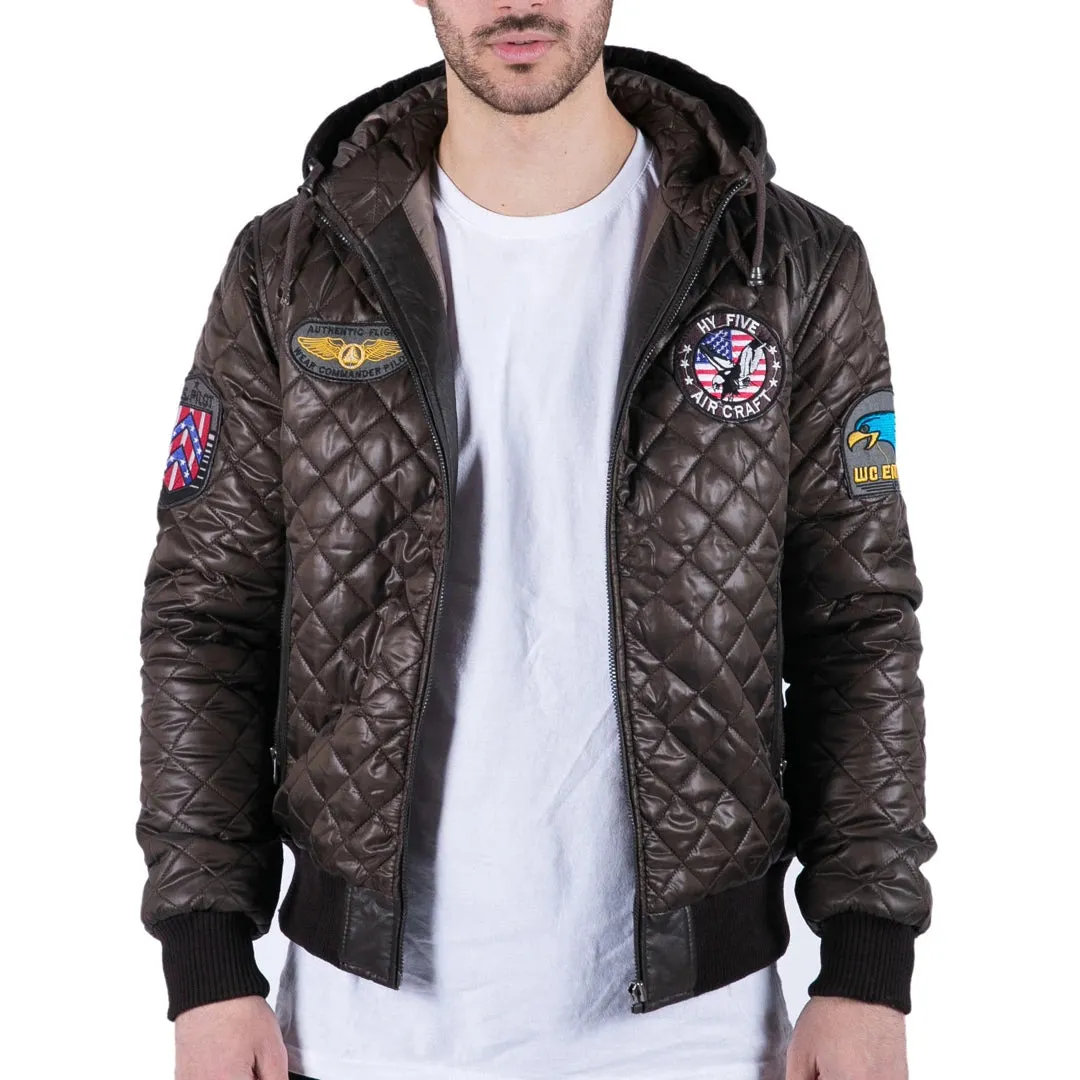 Men's Quilted Hooded Puffer Jacket Brown Badge Bomber Pilot Air Force sold by Tru Clothing