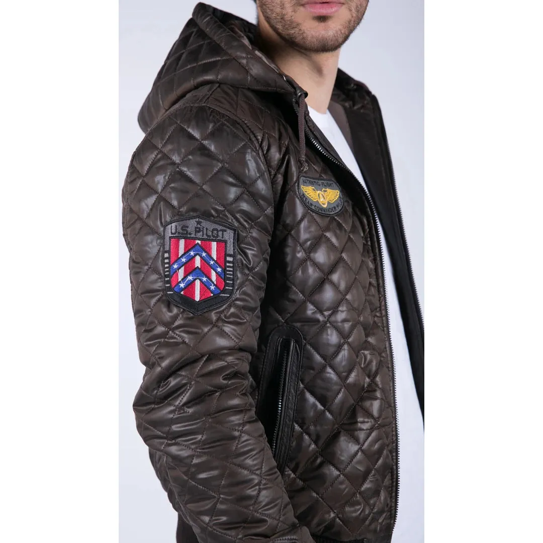 Men's Quilted Hooded Puffer Jacket Brown Badge Bomber Pilot Air Force sold by Tru Clothing product image thumbnail 3