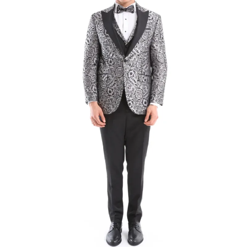 Men's Silver Floral Black Tuxedo Suit 3 Piece Wedding Prom Party Grooms sold by Tru Clothing