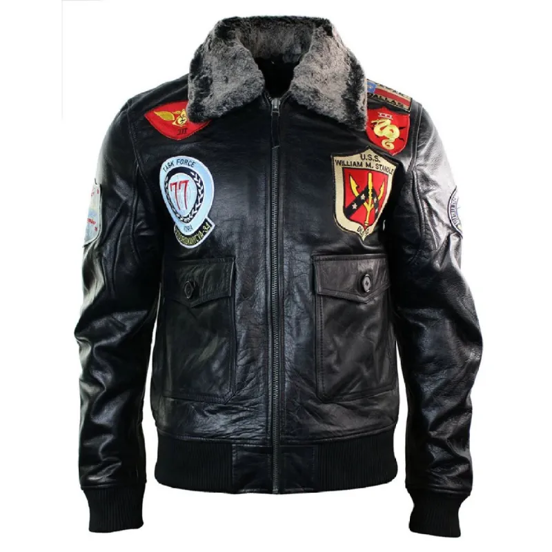 Men's Leather US Aviator Air Force Pilot Flying Bomber Jacket Black Fur Collar sold by Tru Clothing