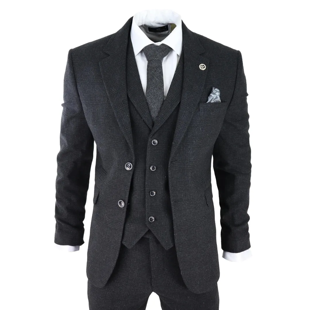 AK-11 - Men's Black Tweed 3 Piece Suit Check 1920s Gatsby Blinders sold by Tru Clothing