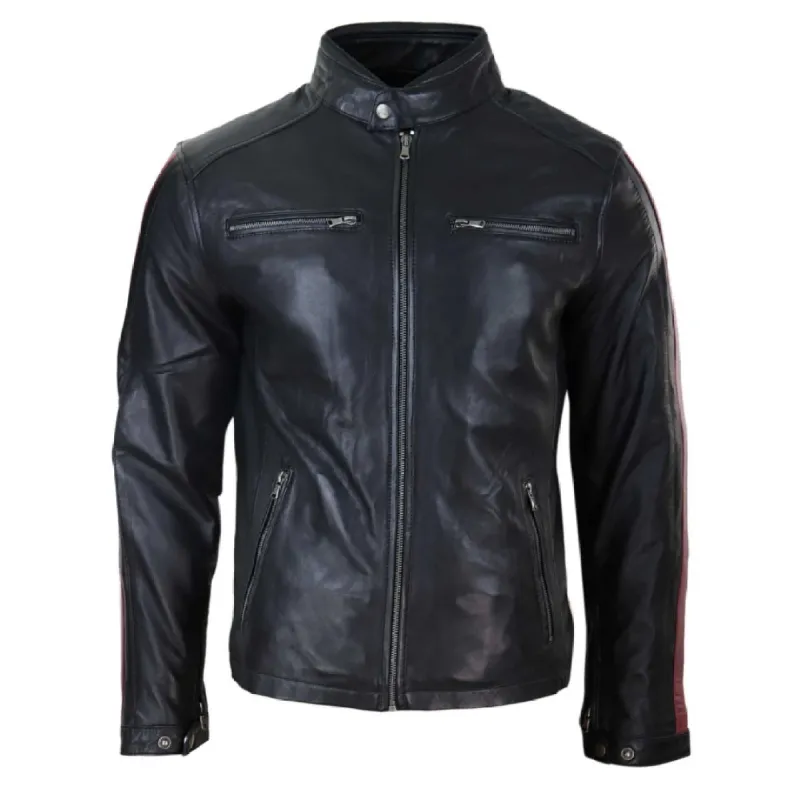 Men's Leather Red Stripes Racing Jacket Biker Zipped Nehru Collarless sold by Tru Clothing
