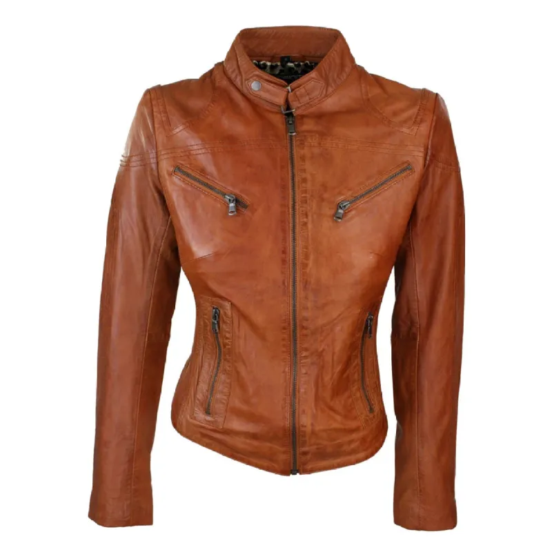 Women's Leather Black Tan Biker Jacket sold by Tru Clothing