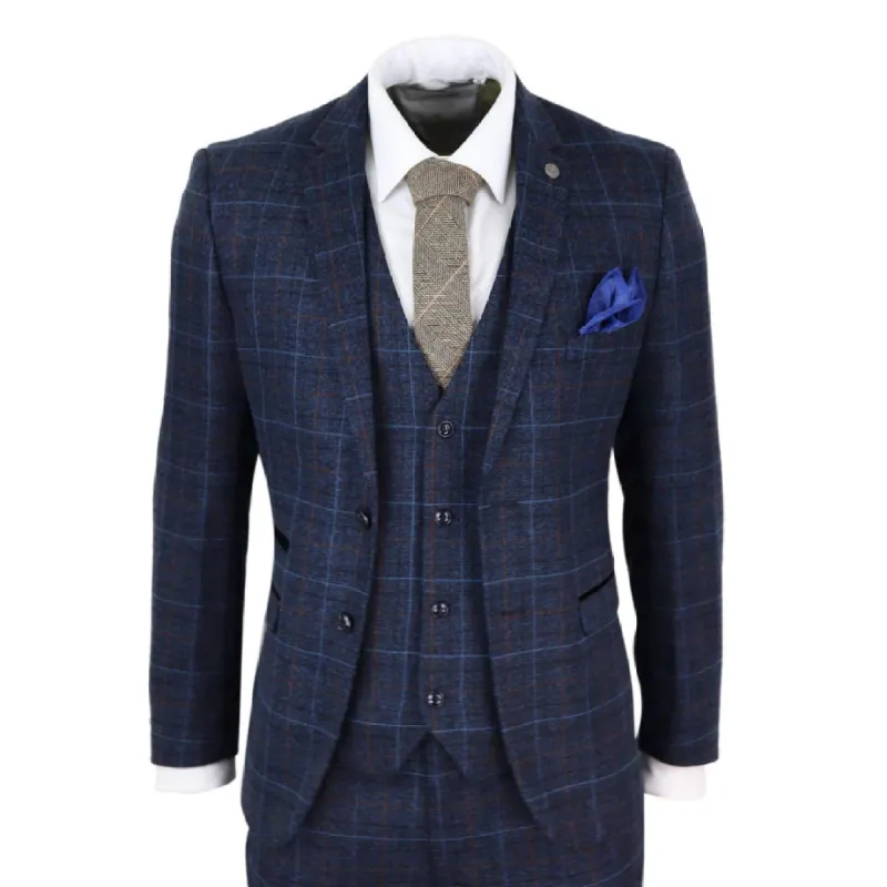 Harvey- Men's Boys Navy Blue Tweed Check 3 Piece Suit sold by Tru Clothing