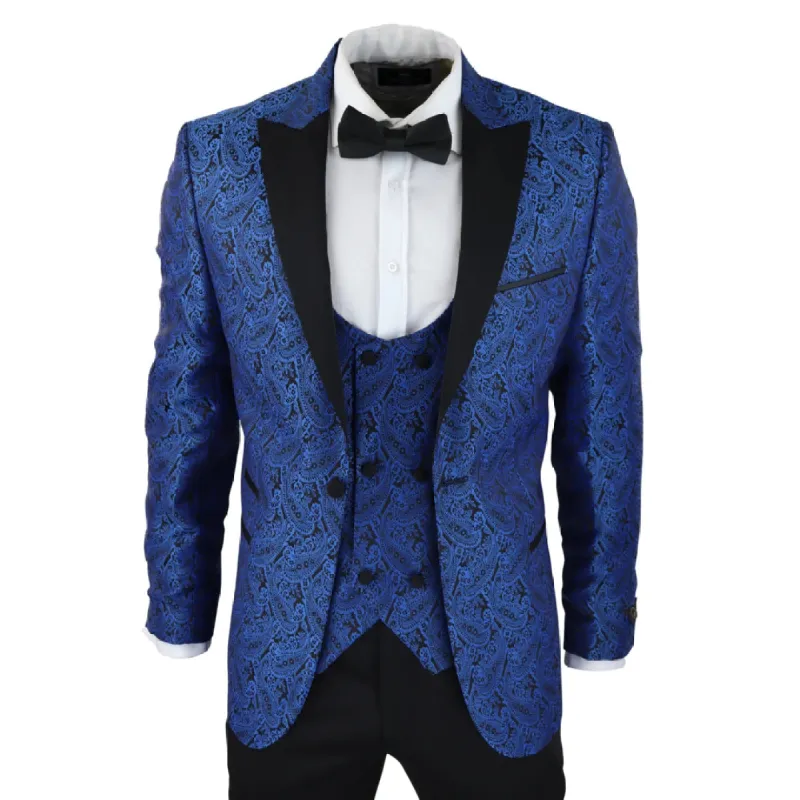 STZ60 - Men's Black Blue Paisley Tuxedo Blazer And Waistcoat Dinner Jacket Satin made by Tru Clothing