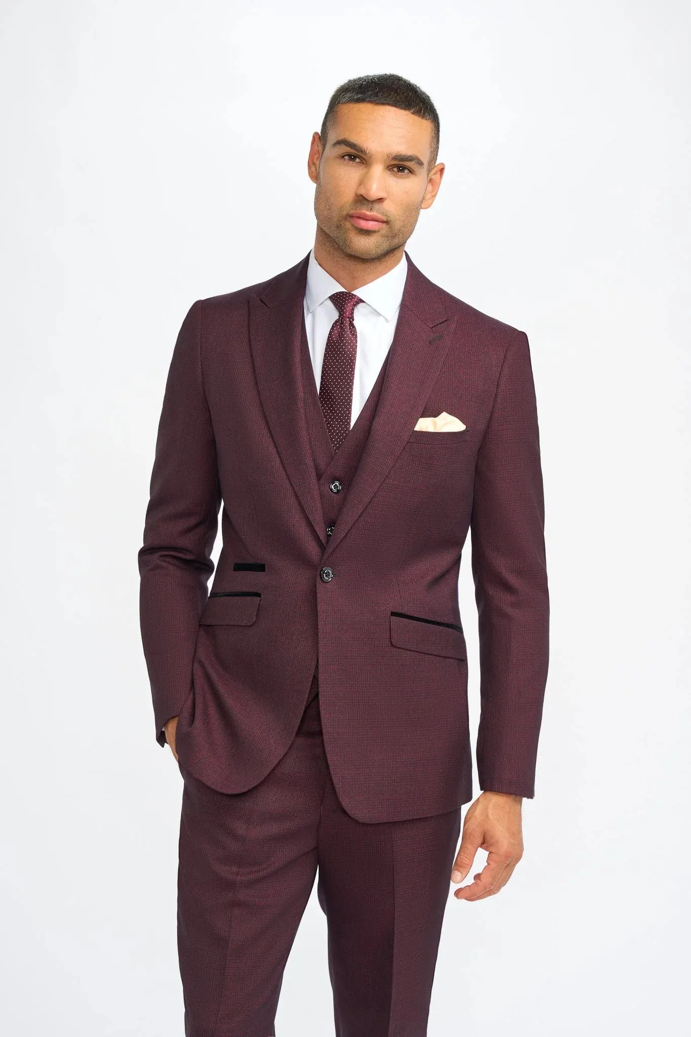 Caridi - Men's Burgundy 3 Piece Checked Suit sold by Tru Clothing