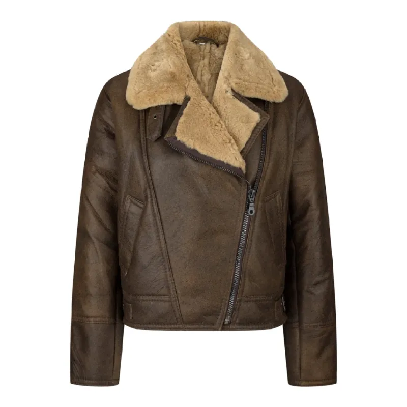 Women's Winter 100% Sheepskin Leather Camel Brown Ginger Aviator Jacket sold by Tru Clothing