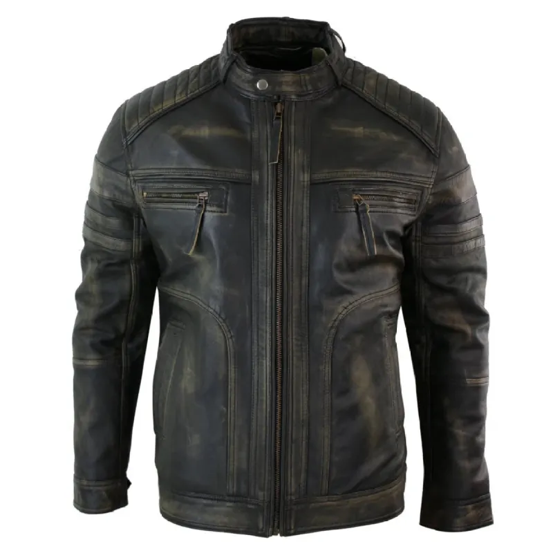 Men's Black Brown Biker Leather Jacket Distressed Zipped sold by Tru Clothing