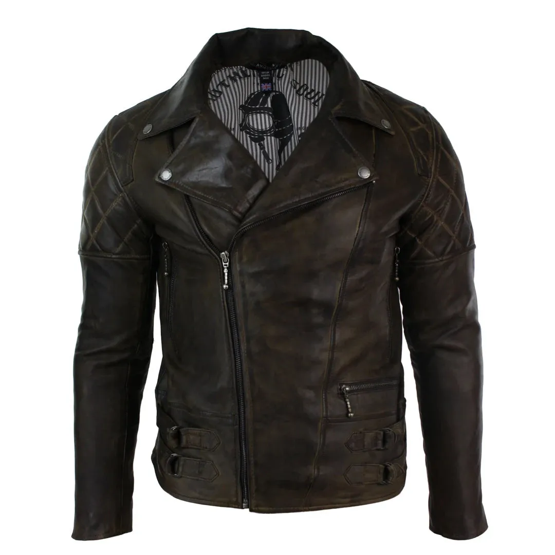 Men's Cross Zip Brown Biker Punk Rock Leather Jacket sold by Tru Clothing