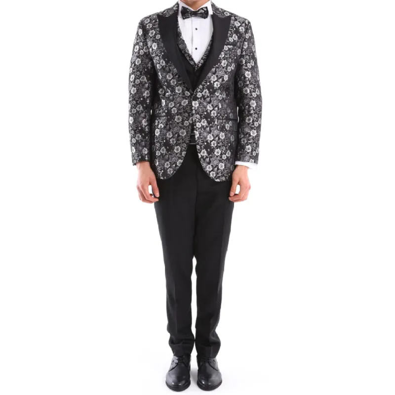Men's Black Silver Paisley Tuxedo Suit 3 Piece Wedding Prom Party Grooms sold by Tru Clothing
