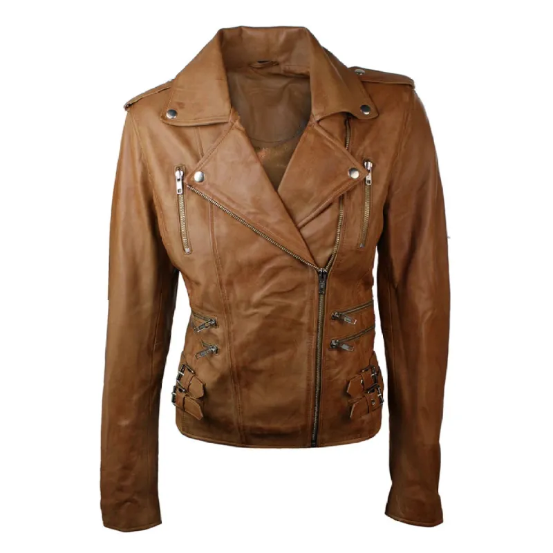 Women's Leather Tan Short Biker Jacket sold by Tru Clothing