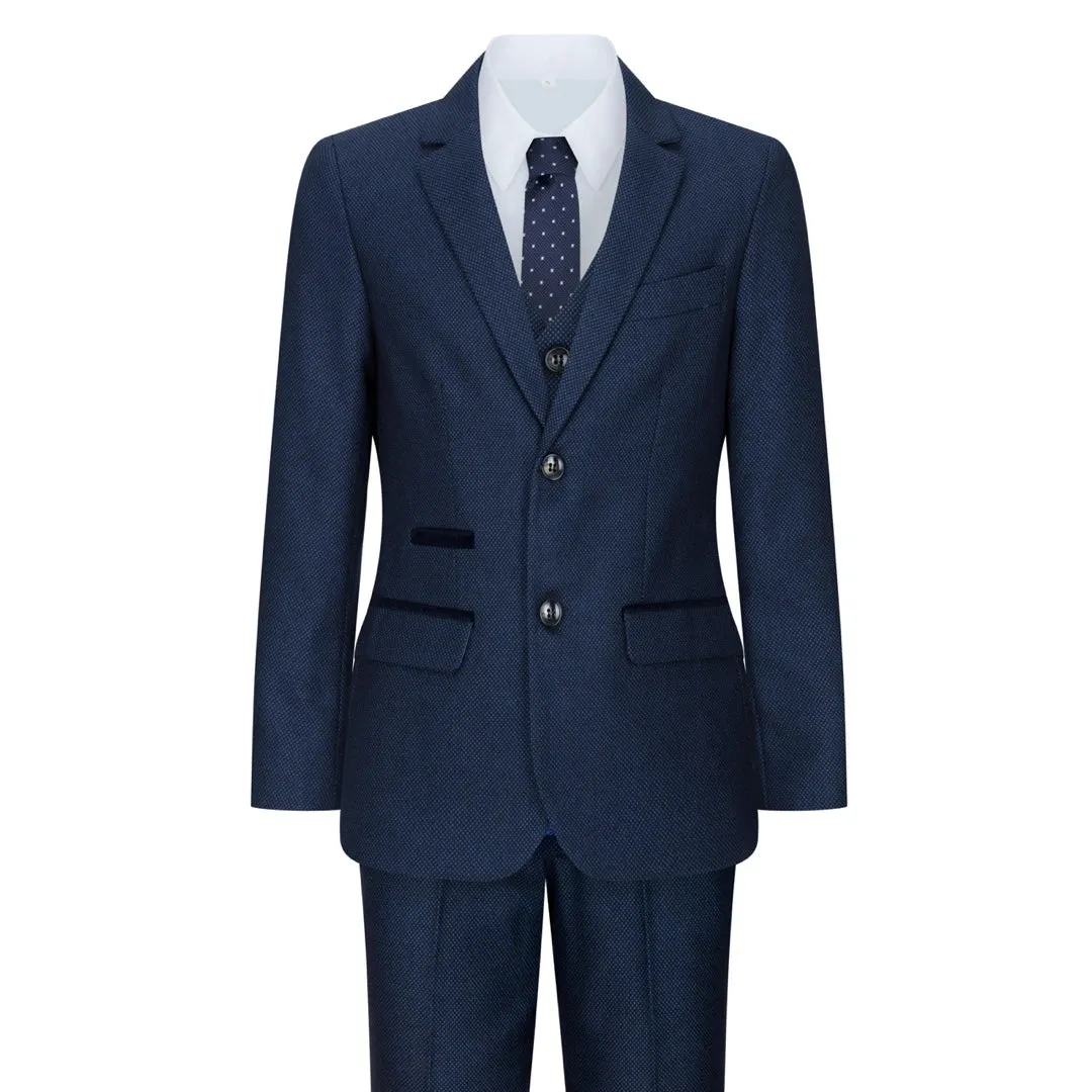 Arthur - Boys Navy Blue 3-Piece Tweed Birdseye Suit Formal Wedding Classic 1920s sold by Tru Clothing