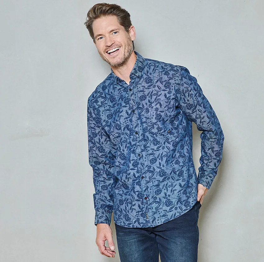 Men shirt chambray floral | Pure Blue sold by Twinlife product image thumbnail 2
