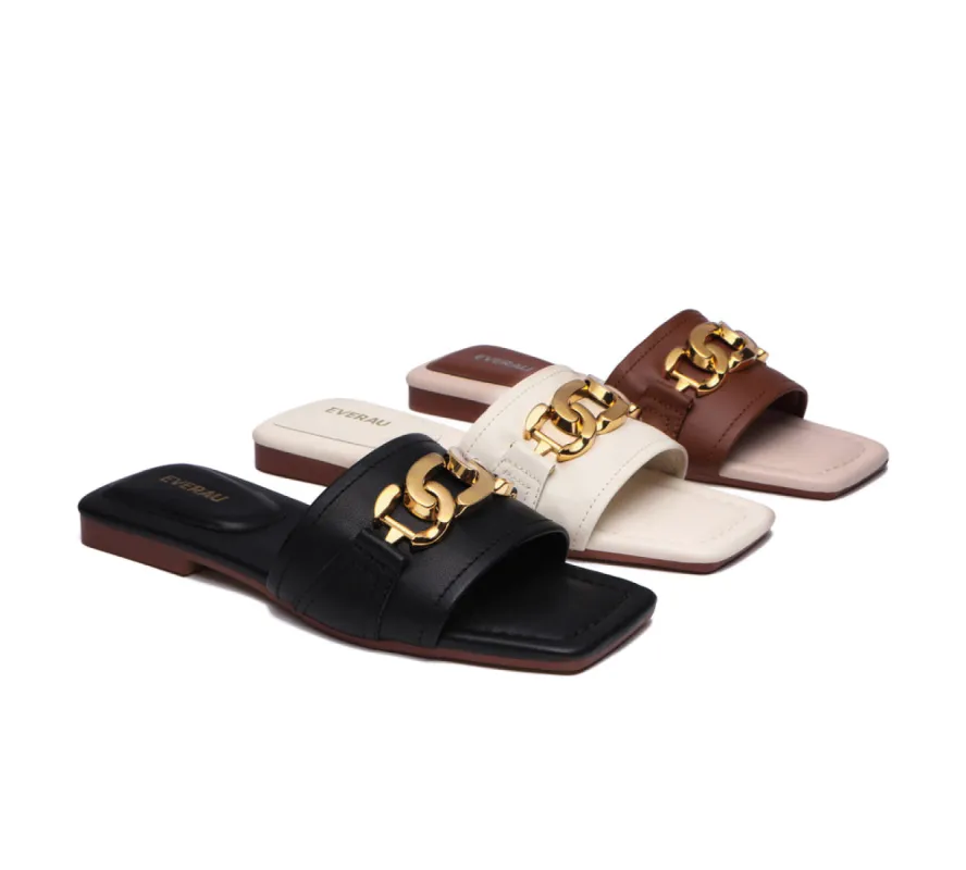 EVERAU® Women Leather Gold Buckle Flat Slides Chela sold by UGG Express