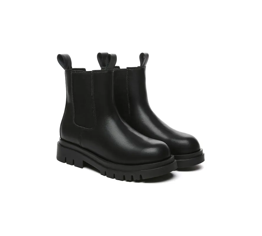 EVERAU® Women Leather Sheepskin Wool Black Chunky Boots Vaneta sold by UGG Express