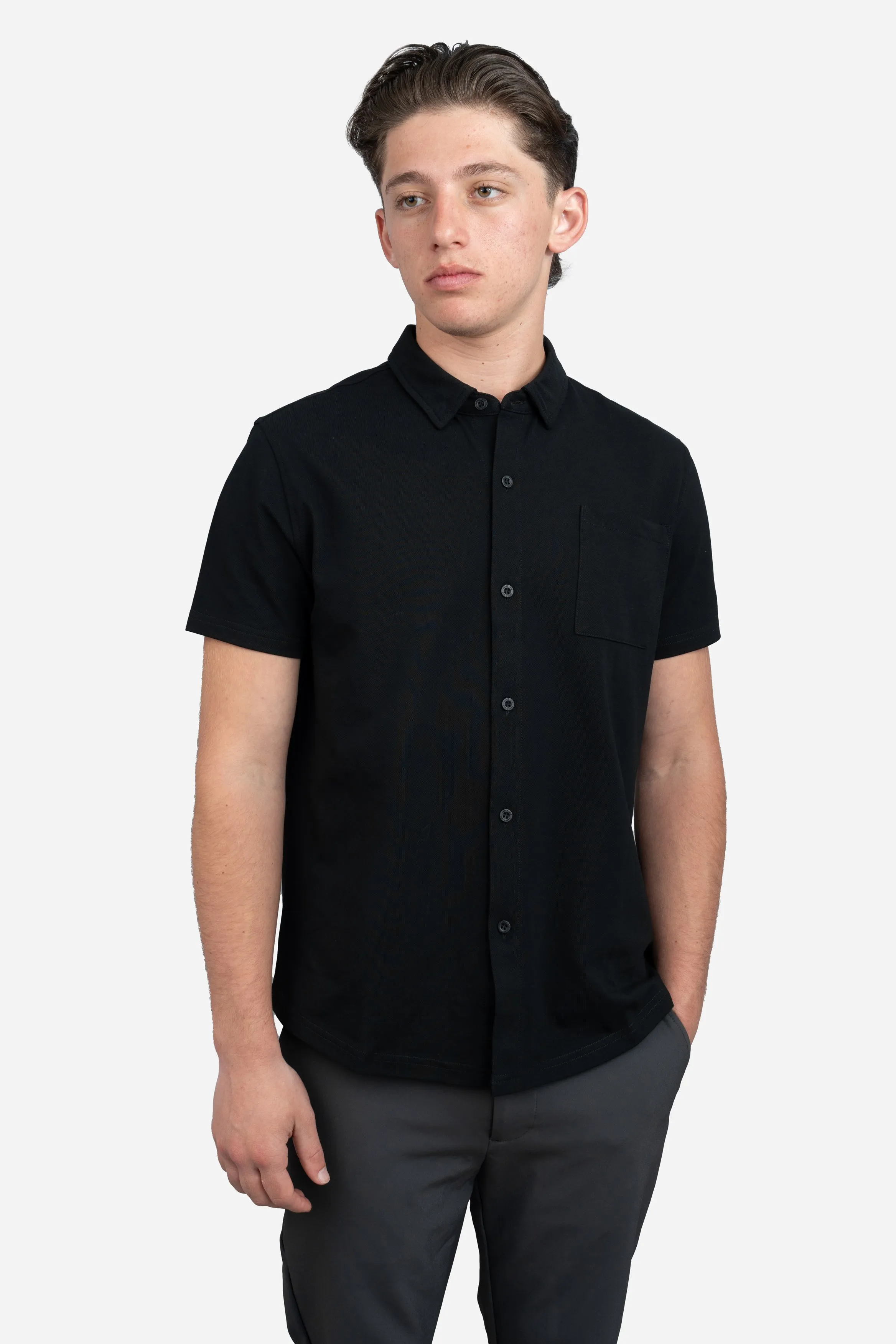 Performance Pique Short Sleeve Button Down Shirt Black sold by Under 510