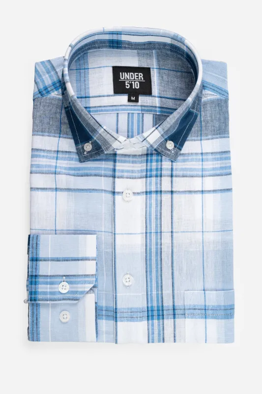 Linen Blend Button Down Shirt Sky Blue Plaid made by Under 510