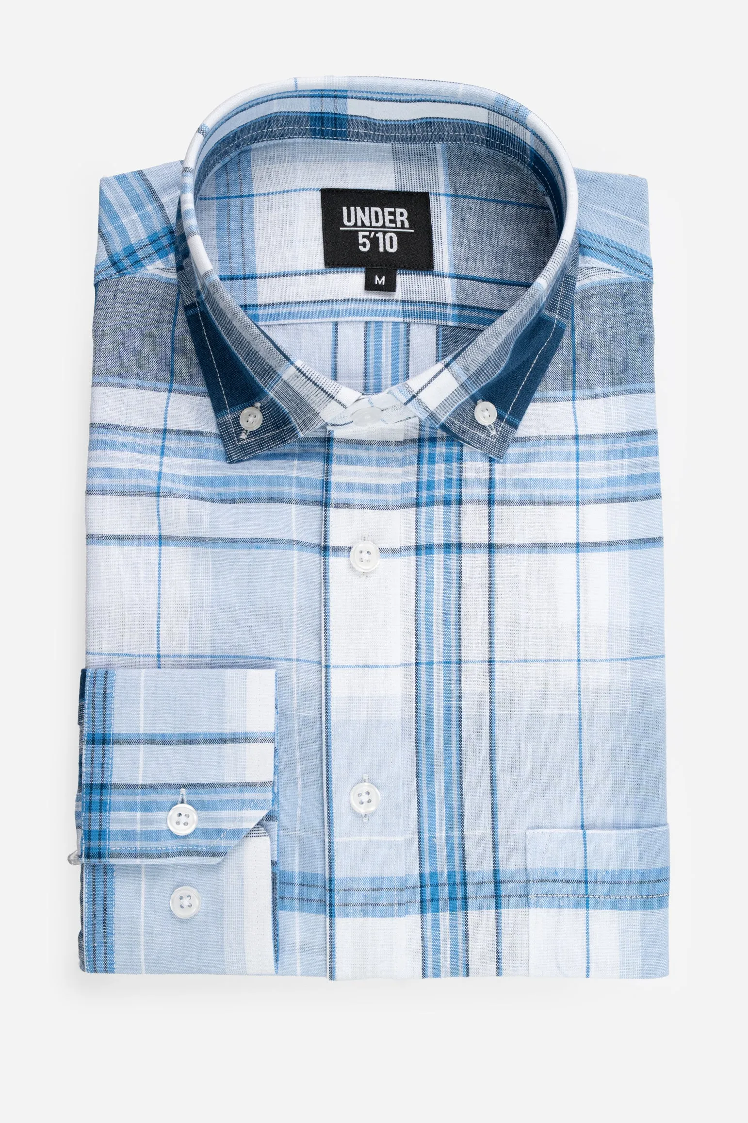 Linen Blend Button Down Shirt Sky Blue Plaid sold by Under 510