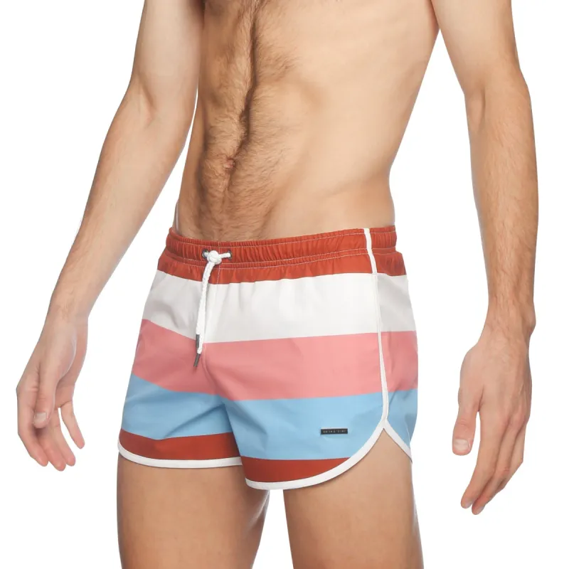 Parke & Ronen Brick Red Puglia Stripes 3" Runner Swim Trunk sold by Underwear Expert