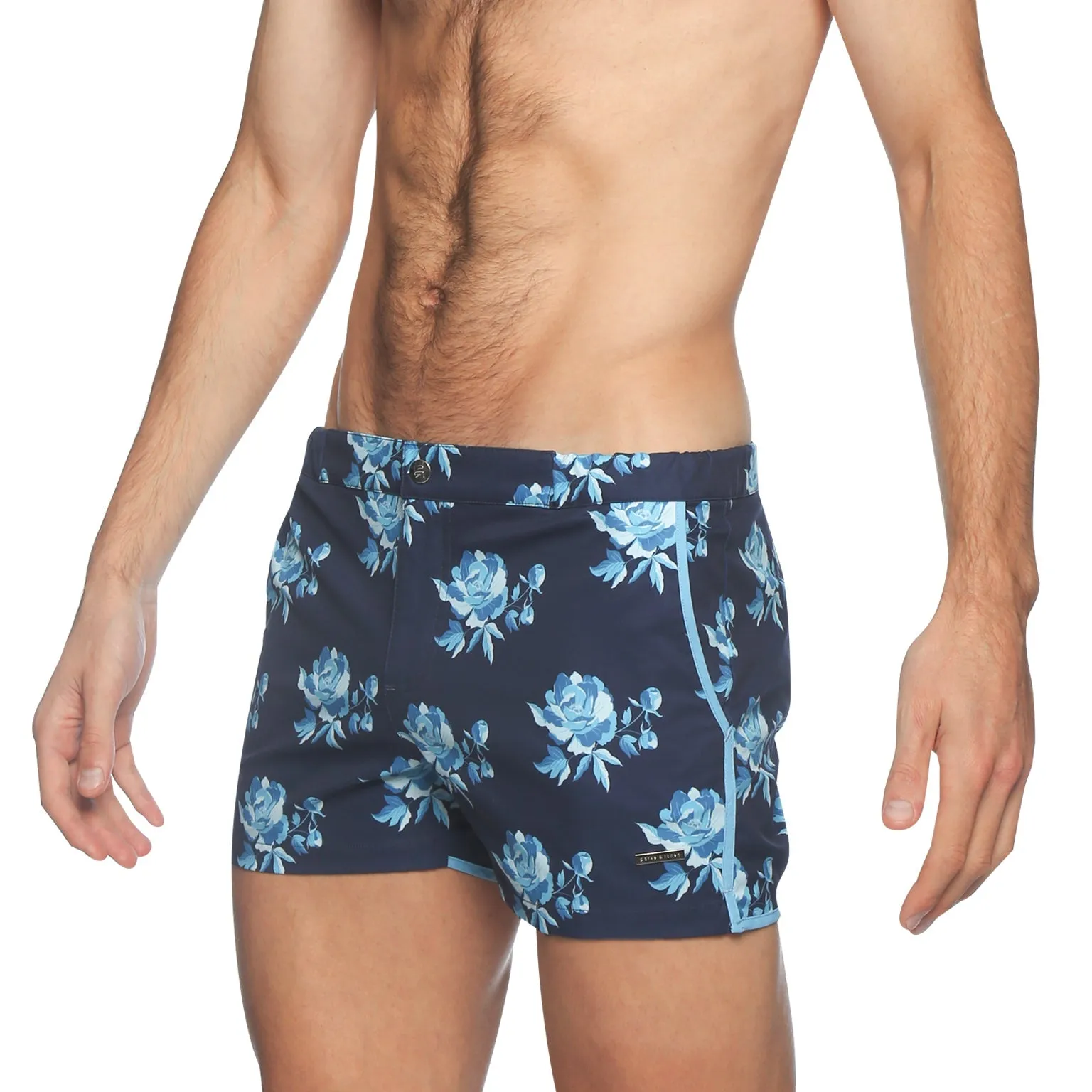 Parke & Ronen Super Blue Peonies Print 2" Angeleno Stretch Swim Trunk sold by Underwear Expert