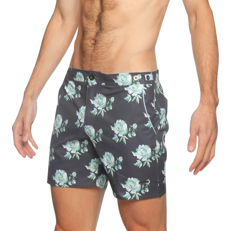 Parke & Ronen Cool Grey Peonies Print 6" Catalonia Stretch Swim Short sold by Underwear Expert