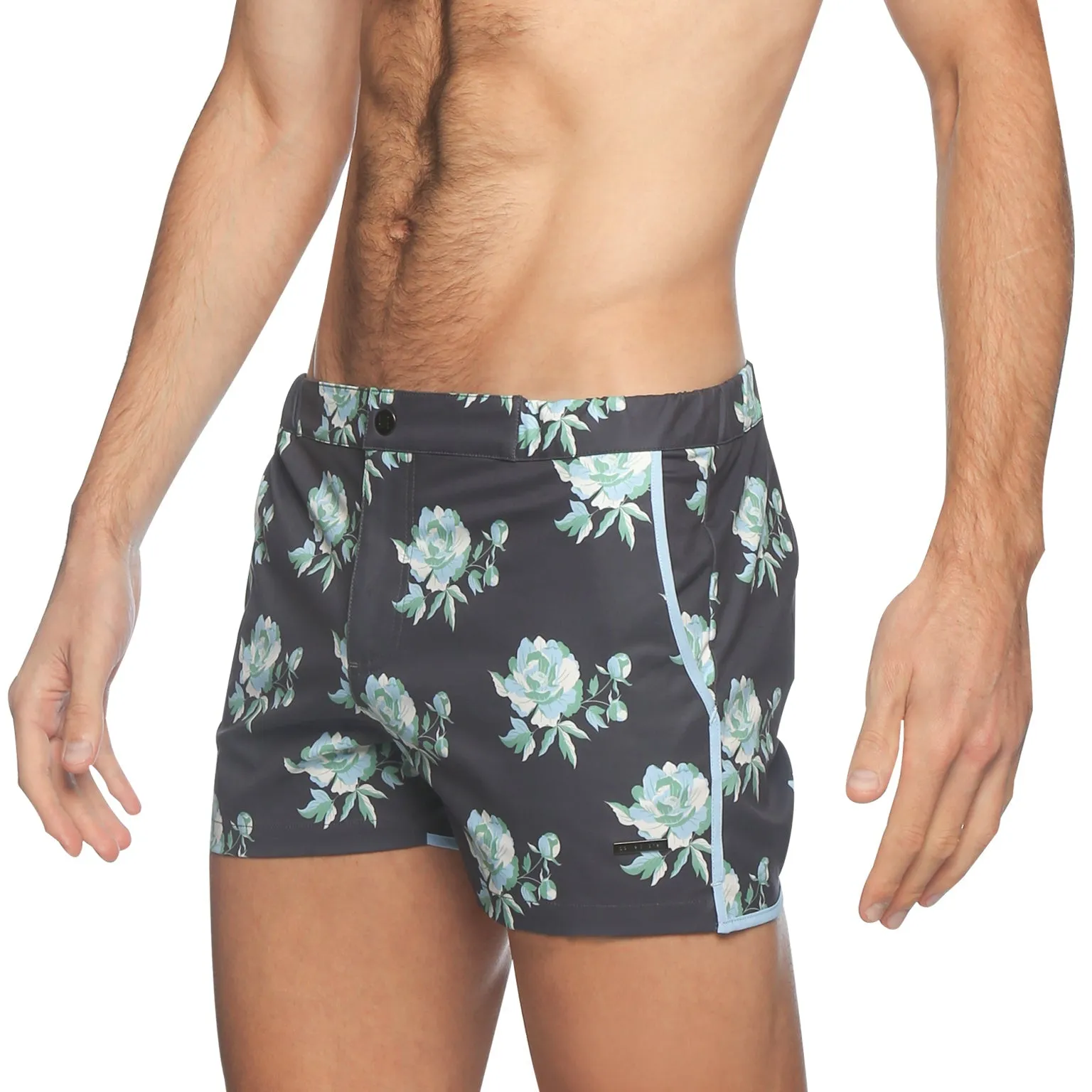 Parke & Ronen Cool Grey Peonies Print 2" Angeleno Stretch Swim Trunk sold by Underwear Expert