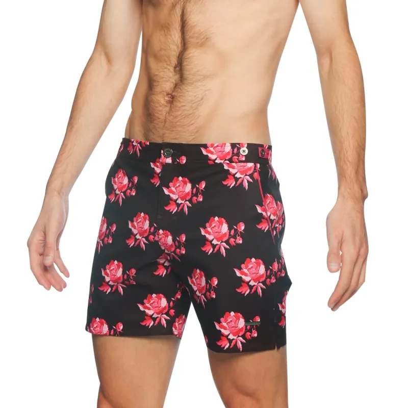 Parke & Ronen Vamp Red Peonies Print 6" Catalonia Stretch Swim Short sold by Underwear Expert