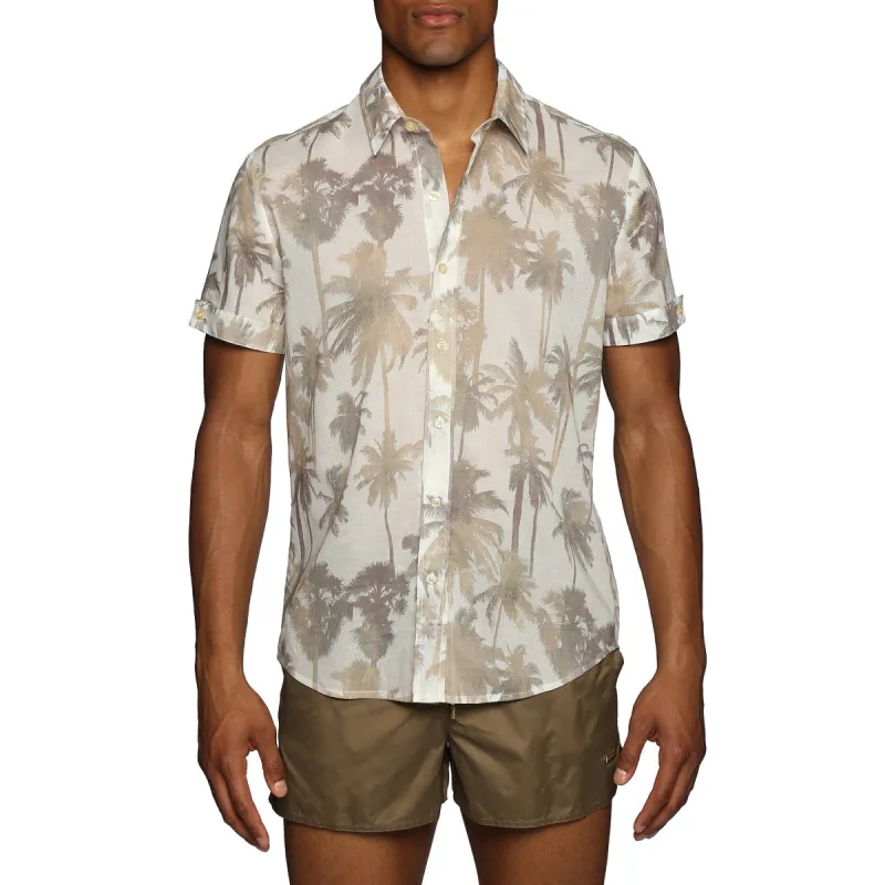 Parke & Ronen New Resort '25 - Palm Royale Tan Printed Biscayne Shirt sold by Underwear Expert