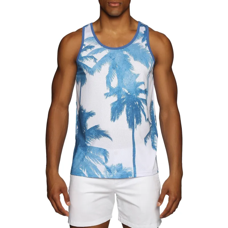 Parke & Ronen New Resort '25 - Palm Royale Blue Printed Mesh Tank sold by Underwear Expert