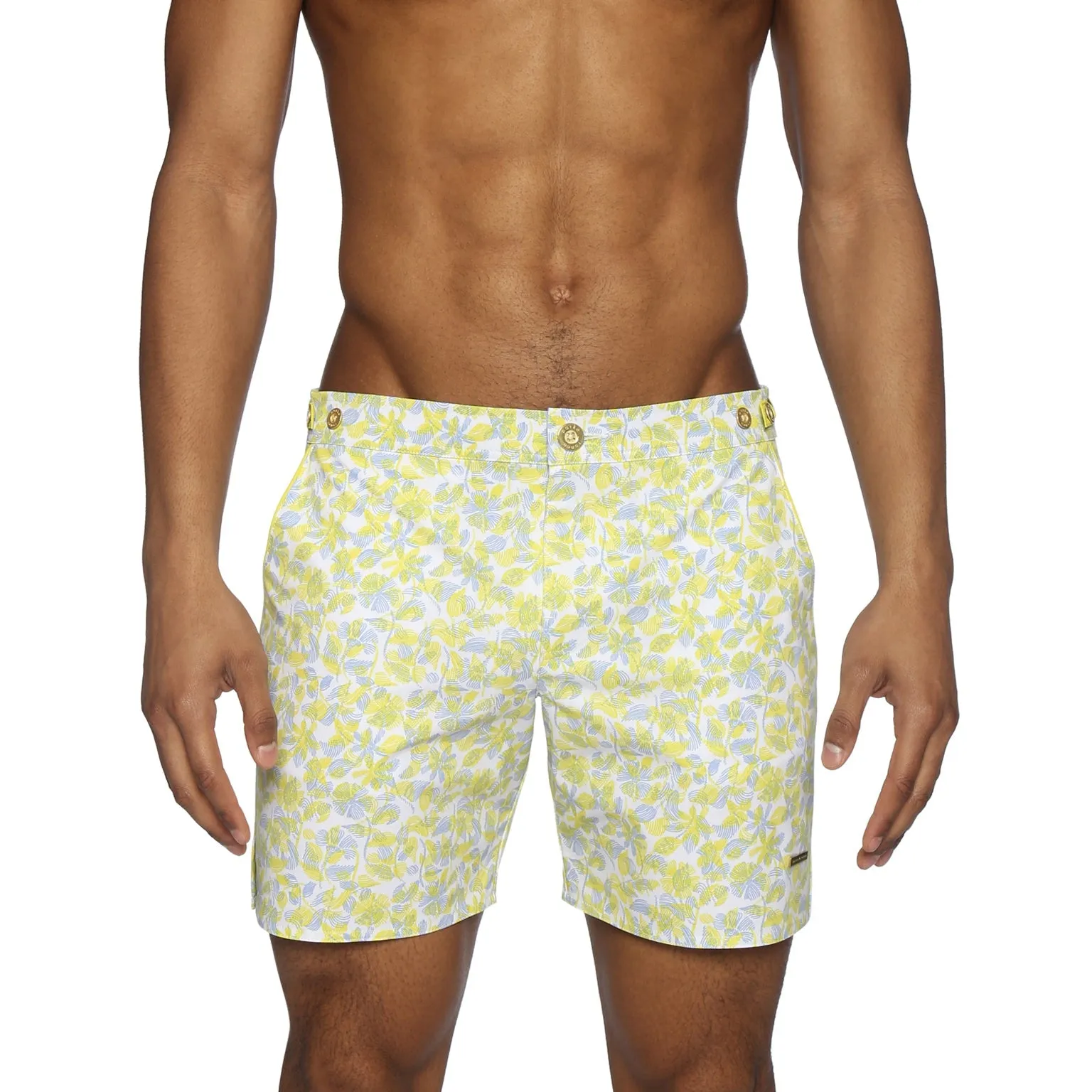 Parke & Ronen Lemon Havana Leaf Print 6" Catalonia Stretch Short sold by Underwear Expert
