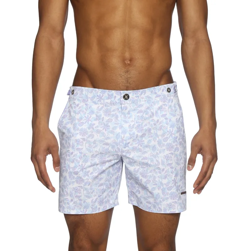 Parke & Ronen Lilac Havana Leaf Print 6" Catalonia Stretch Short sold by Underwear Expert