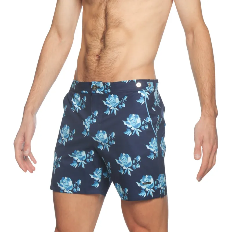 Parke & Ronen Super Blue Peonies Print 6" Catalonia Stretch Swim Short sold by Underwear Expert