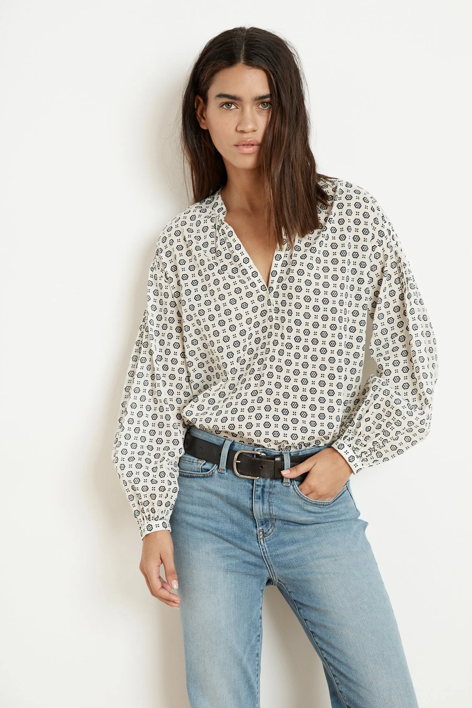 ERIKA PRINTED COTTON VOILE HALF-PLACKET BLOUSE IN CRESCENT sold by Velvet Tees