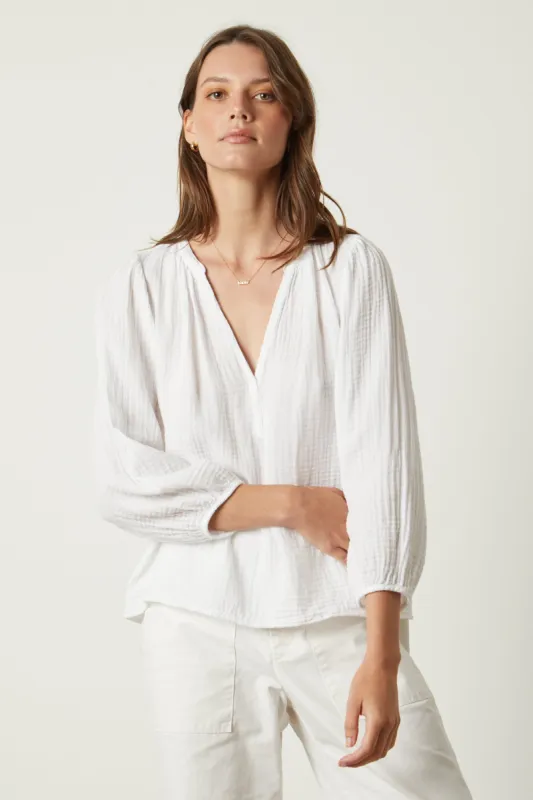 MAGGIE COTTON GAUZE TOP IN WHITE sold by Velvet Tees
