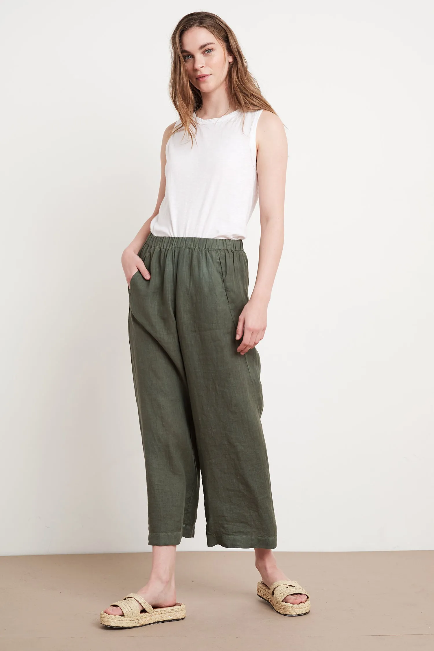 LOLA WOVEN LINEN TROUSERS IN ELM sold by Velvet Tees