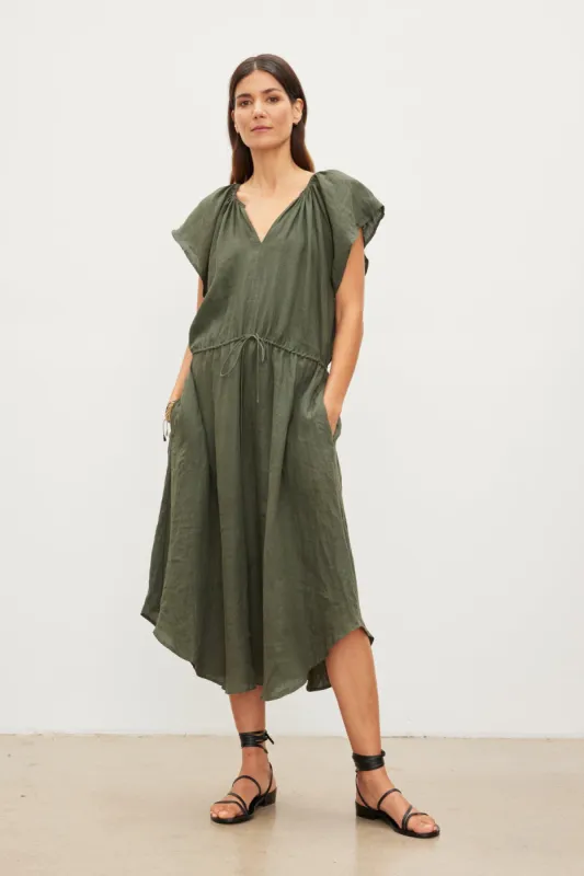PEPPER LINEN V-NECK DRESS IN TOOTSIE sold by Velvet Tees