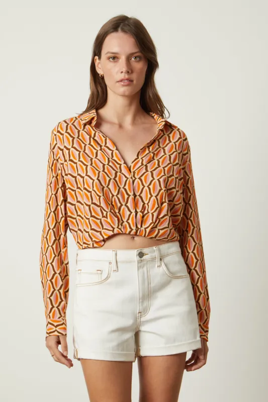 JOCELYN GEO PRINT CREPE TOP IN ORANGE sold by Velvet Tees