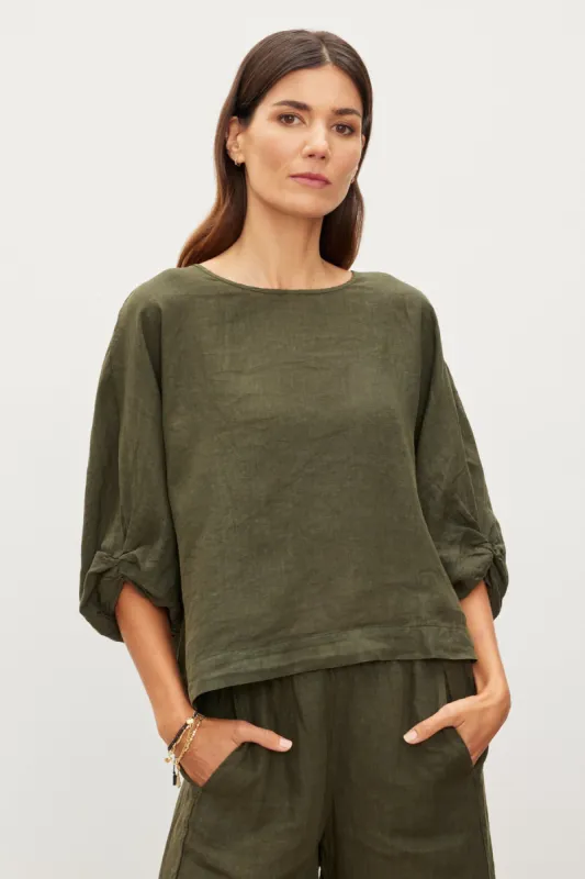 CASS LINEN CREW NECK TOP IN TOOTSIE sold by Velvet Tees
