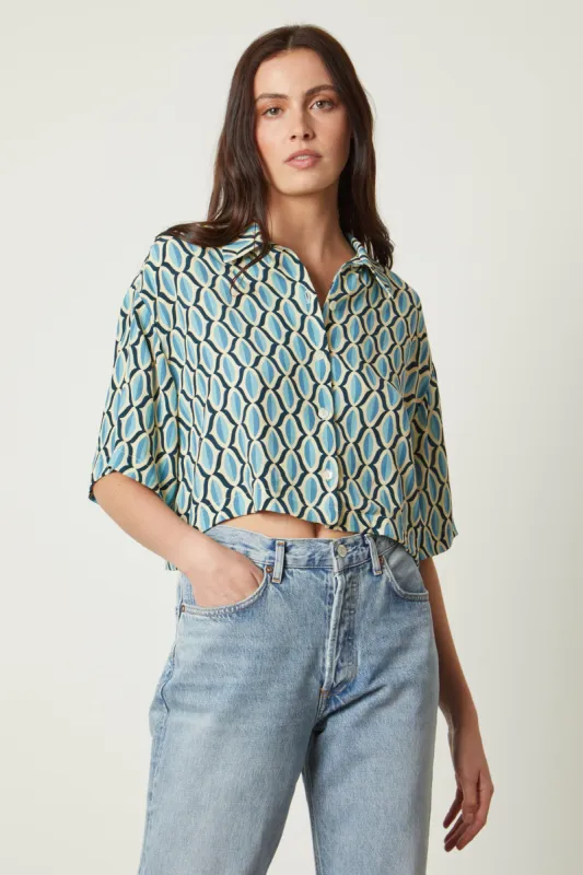 BECKETT GEO PRINT CREPE TOP IN BLUE sold by Velvet Tees