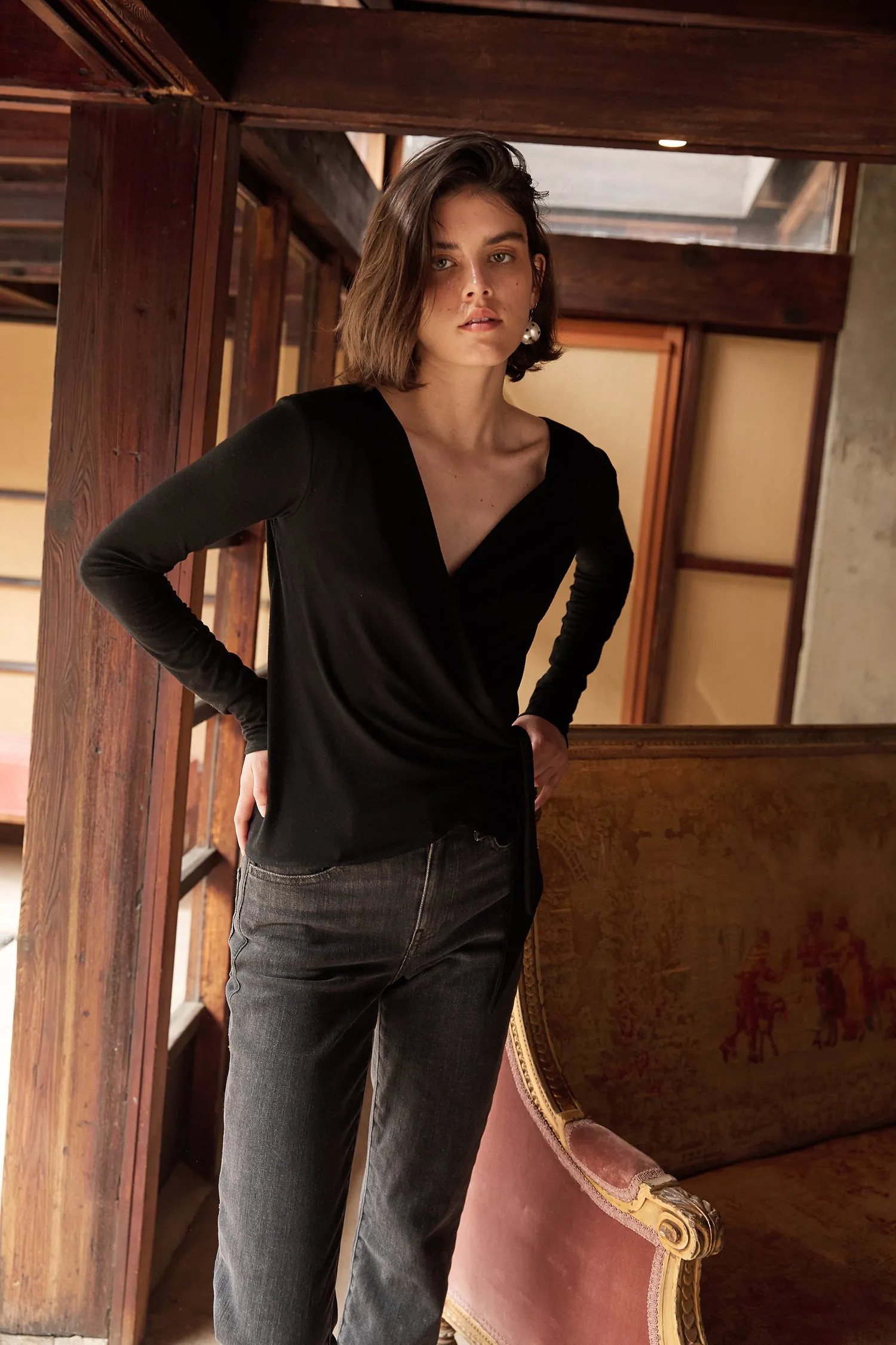 JANESSA TENCEL JERSEY V NECK TOP IN BLACK sold by Velvet Tees product image thumbnail 2