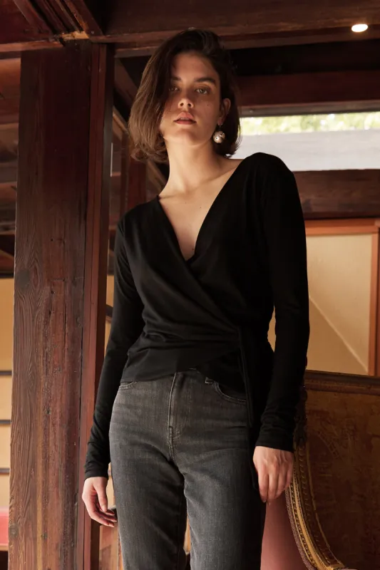 JANESSA TENCEL JERSEY V NECK TOP IN BLACK sold by Velvet Tees