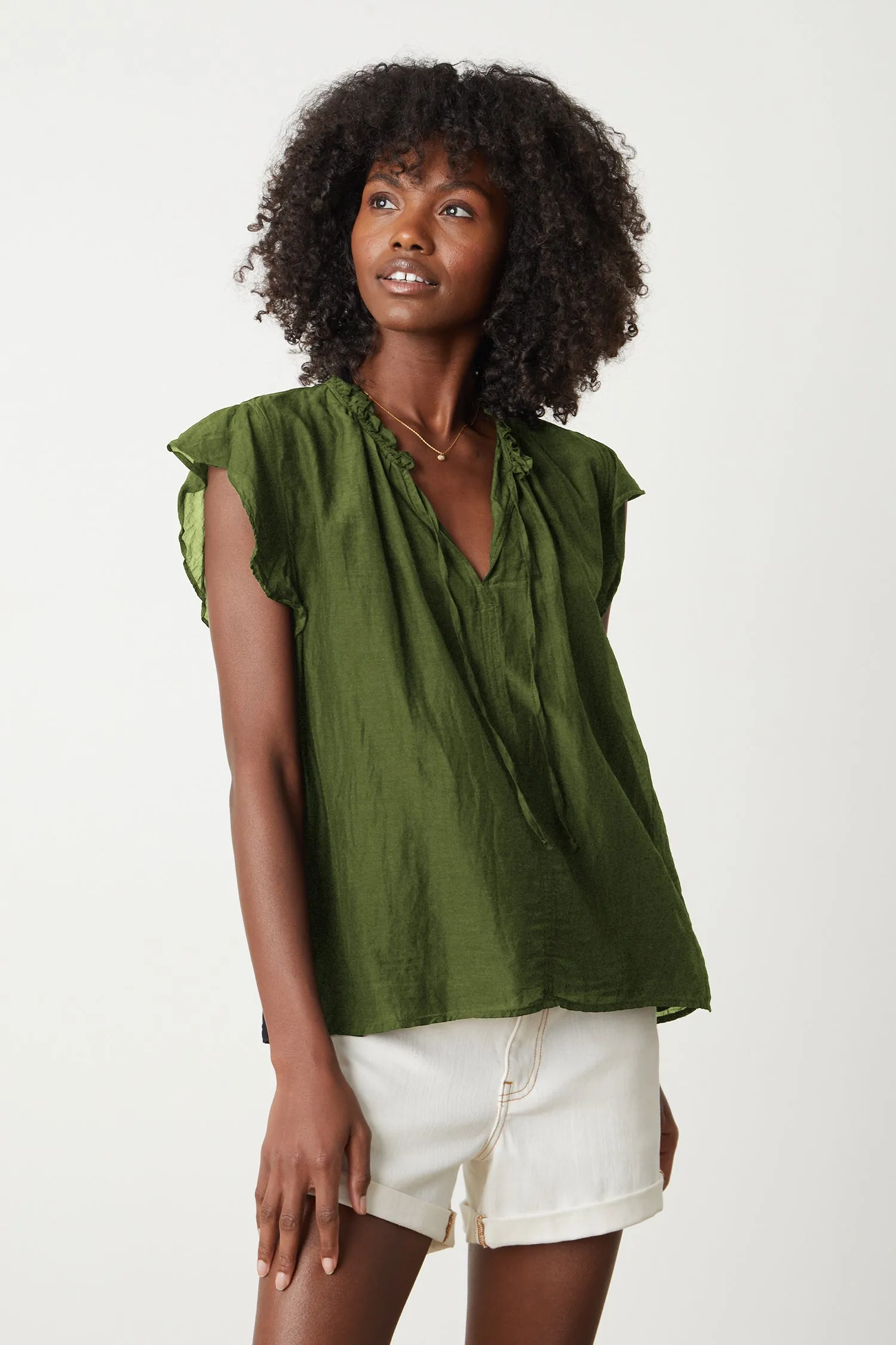 MELANIE SILK COTTON VOILE TOP IN MOSS sold by Velvet Tees