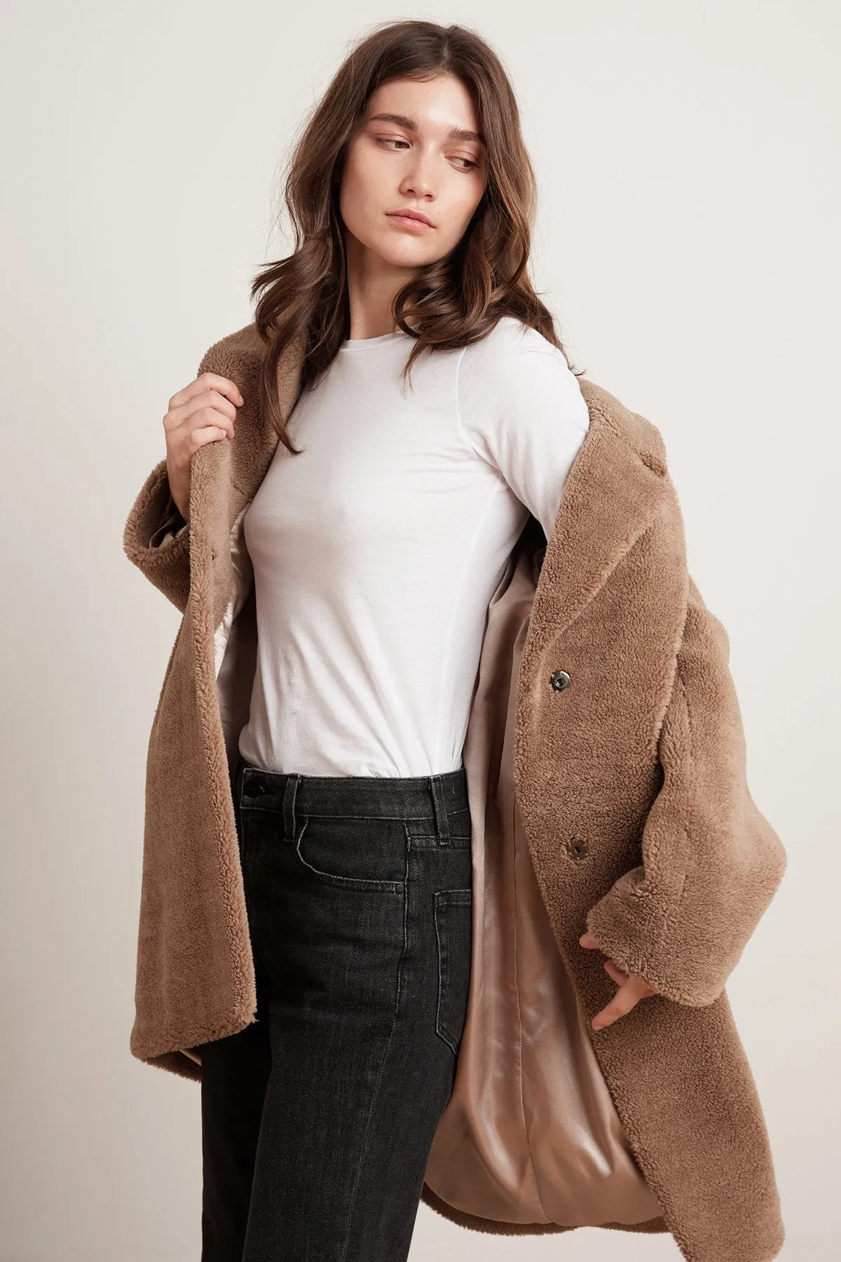 TRISHELLE LUX SHERPA OVERSIZED COAT IN TAN sold by Velvet Tees product image thumbnail 2