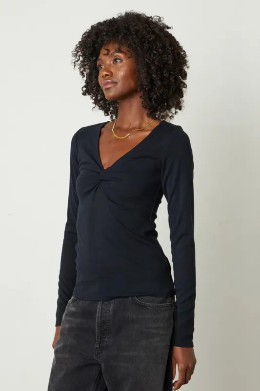 BRANDI V-NECK RIBBED TOP IN JET BLACK sold by Velvet Tees