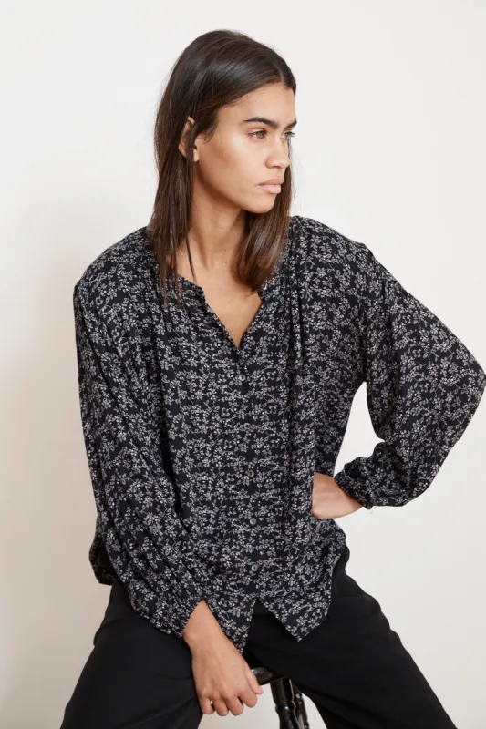 KISSAN SHEER PRINTED GAUZE BUTTON UP BLOUSE IN BYZANTIUM sold by Velvet Tees